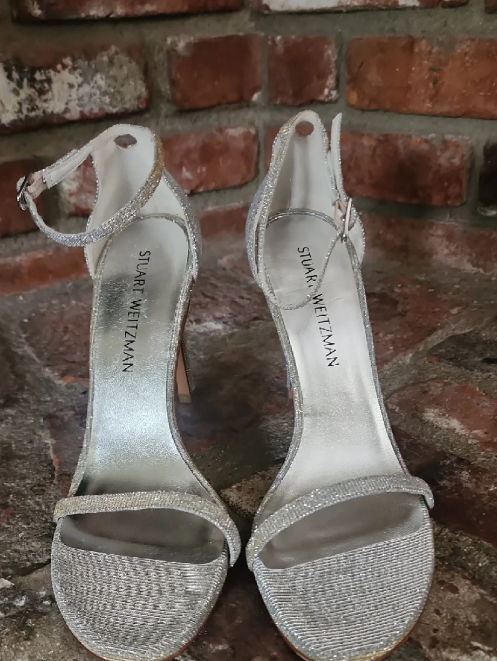 Stuart Weitzman Silver Glitter Ankle Strap Heels Stiletto Sandals Evening Weddin
